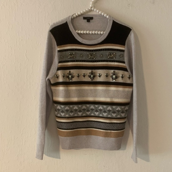 J. Crew Fair Isle jeweled crew neck wool sweater- size large - Picture 2 of 7